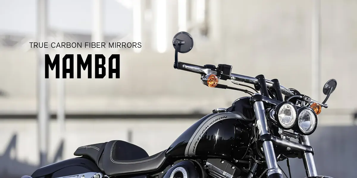 True carbon fiber bar end motorcycle bar end mirrors on a Harley Davidson fat bob - Mamba round