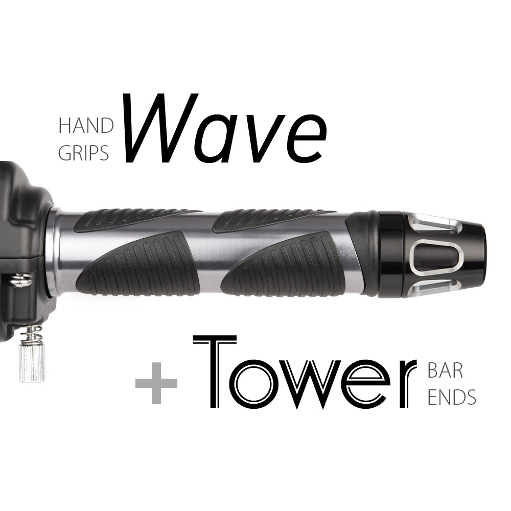 Wave grips gray with silver Tower black base bar ends