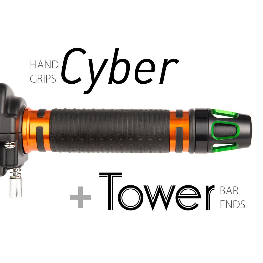 Cyber grips orange with green Tower black base bar ends