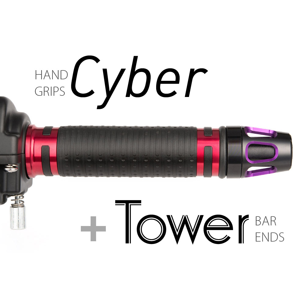 Cyber grips red with purple Tower black base bar ends