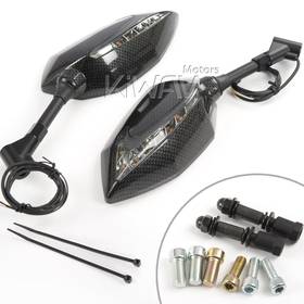 二色LED付きバイクミラー　ルシファー　カーボンの模様　25mmハンドルつき、貫通式ミラーホール付きのトライアンフモデル用
