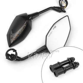 二色LED付きバイクミラー　ルシファーII　黒　流れるタイプ　25mmハンドルつき、貫通式ミラーホール付きのトライアンフモデル用