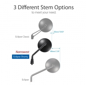 Eclipse black steel short stem mirrors for 8mm scooters and motorcycles