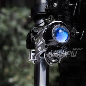 バイク用フォグランプ　丸い　クロム　青いフィッシュアイレンズ